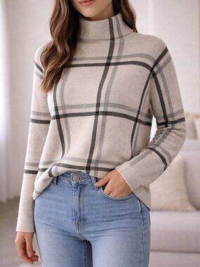 $98 Max Studio Plaid Knit Sweater XL Neutral Check Pullover